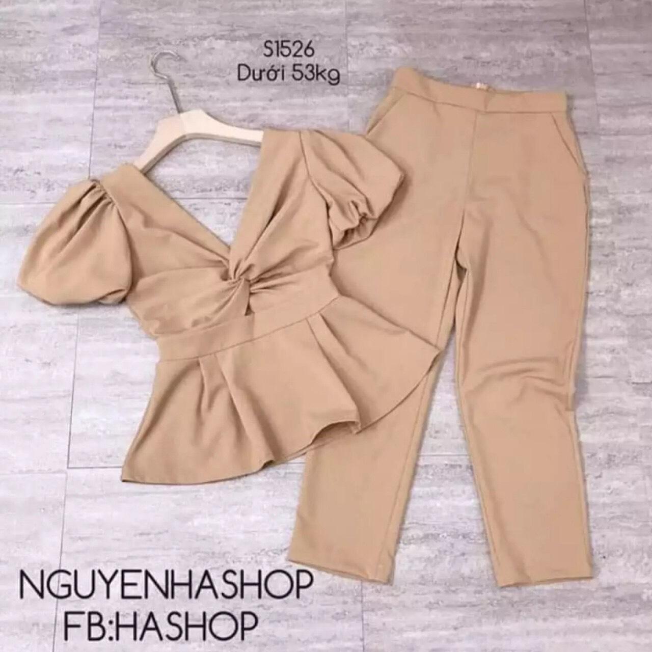 Set bộ nữ áo tay búp cổ xoắn
