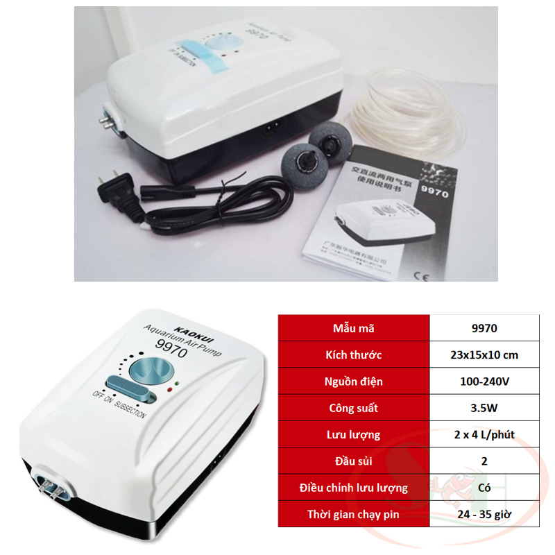 Máy sủi oxy tích điện kaokui 9950, 9970 ac dc air pump sủi ắc quy 2 vòi bể cá tép thủy sinh