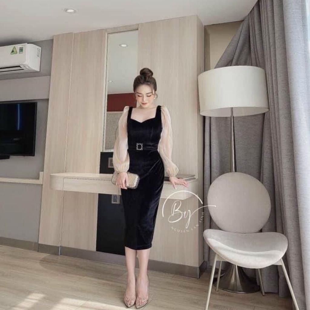 Váy nhung phối tay cổ v