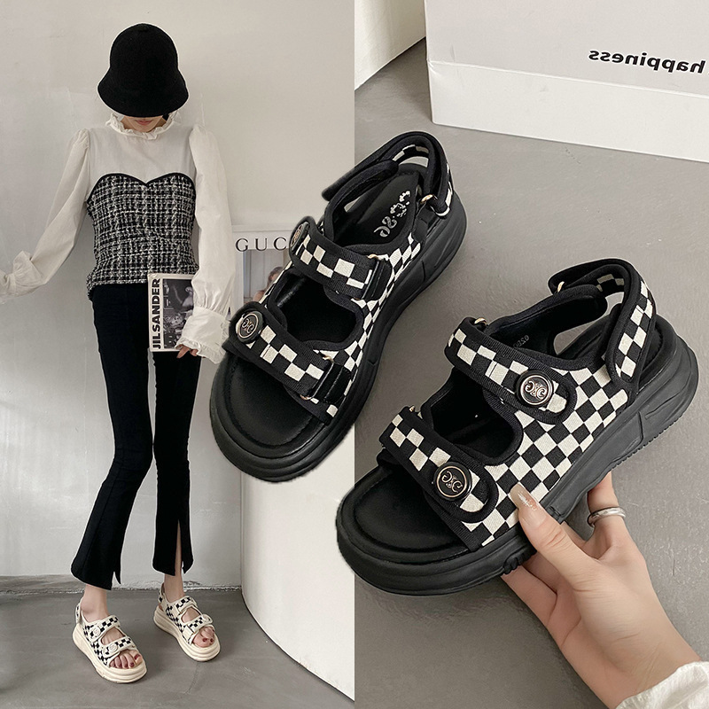 Dép sandal nữ học sinh hoạ tiết Kẻ Caro siêu hot thời trang phong cách ulzzang Hàn Quốc - TH Shoes