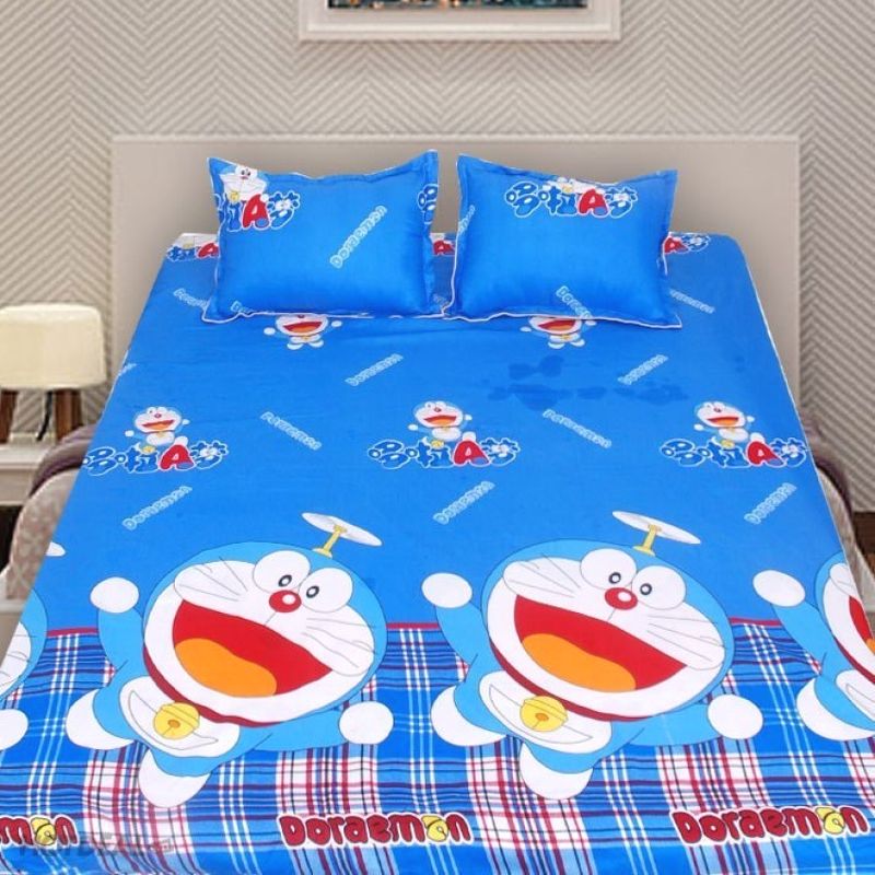 Bộ Ga Gối Cotton Poly Mẫu Doremon Kẻ