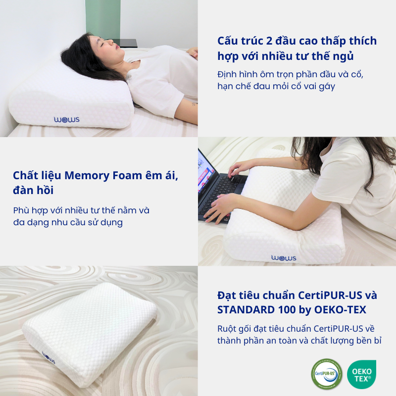 WOWS - Gối Memory Foam Cao Cấp Ergo+ - Gối Công Thái Học Nâng Đỡ Cổ Vai Gáy - Thiết Kế Lượn Sóng