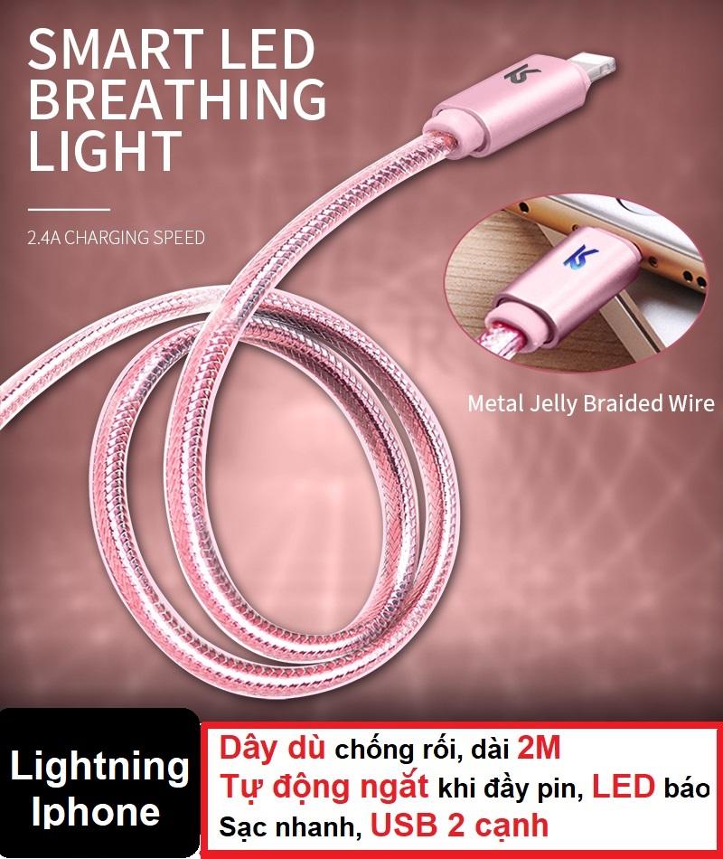 [HCM]Cáp sạc Lightning cho Iphone Ipad tự ngắt khi đầy pin - Dây dù 2m - Sạc nhanh - LED báo sạc - USB 2 cạnh - Hãng KAKU - Sạc qua đêm chống chai pin sạc thông minh sạc điện tự ngắt cáp sạc i