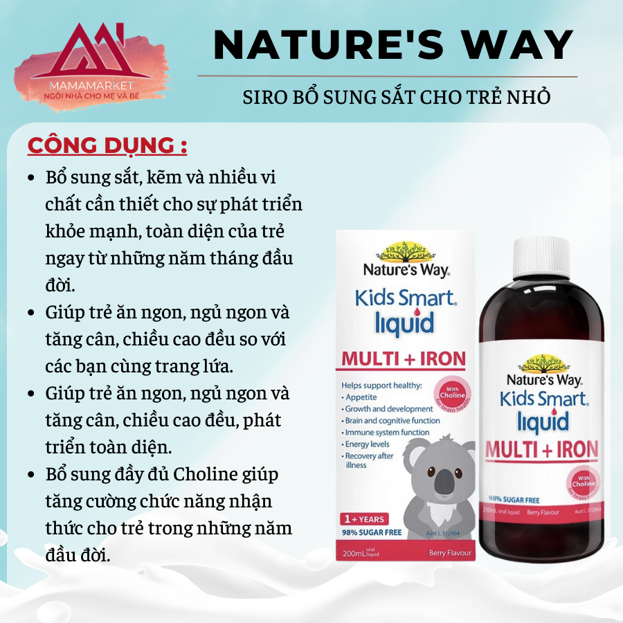 Sắt nước dạng siro Nature's Way Kids Smart Liquid Multi + Iron - 200ml  [ Date 8/2025 ]