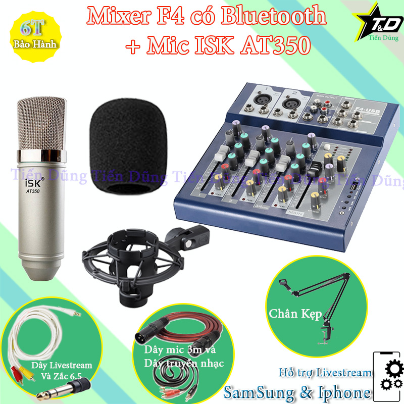 Combo mic thu âm AT350 mixer f4 có bluetooth chân đế dây livestream chế zắc 6.5 dây truyền nhạc dây mic 3m - bộ livestream