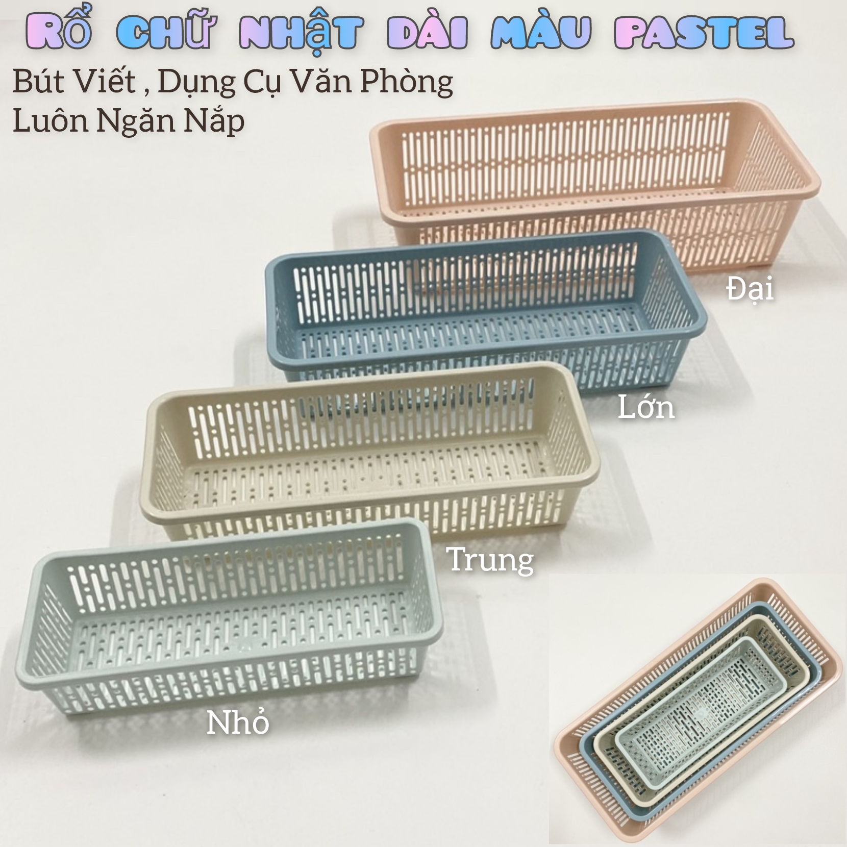 Rổ Nhựa Chữ Nhật Dài Màu Pastel Hàn Quốc Đựng Bút Viết, Đồ Linh Tinh