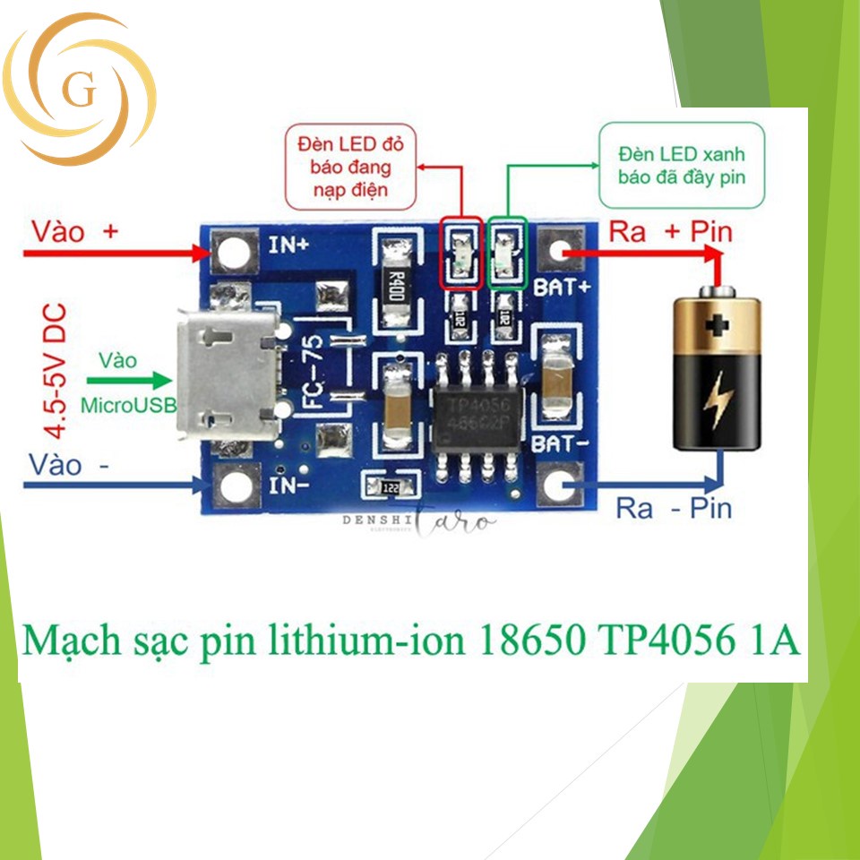 Mạch sạc pin 18650 lithium 3.7-4.2v tp4056 micro usb