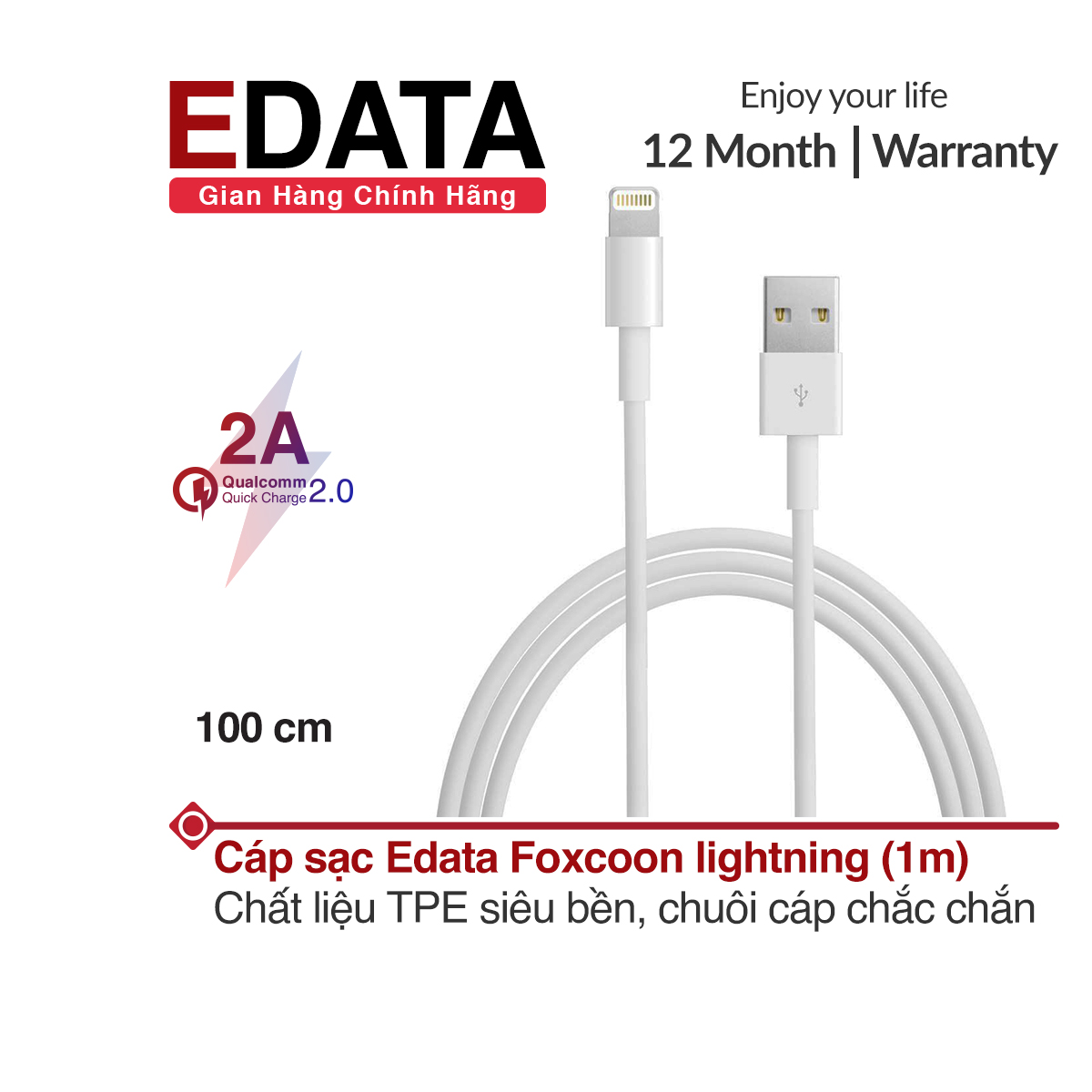 Cáp sạc nhanh Lightning iPhone Edata Foxcoon, chất liệu TPE siêu bền, chiều dài 1m
