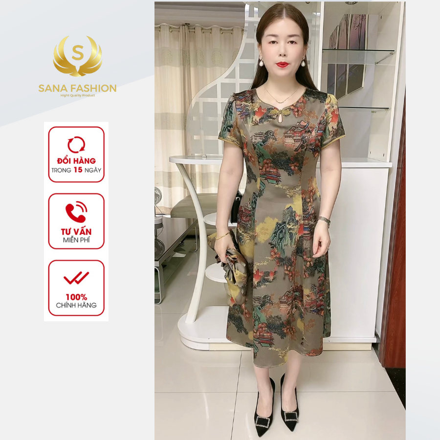 Đầm váy trung niên cho mẹ sang trọng chất lụa Latin