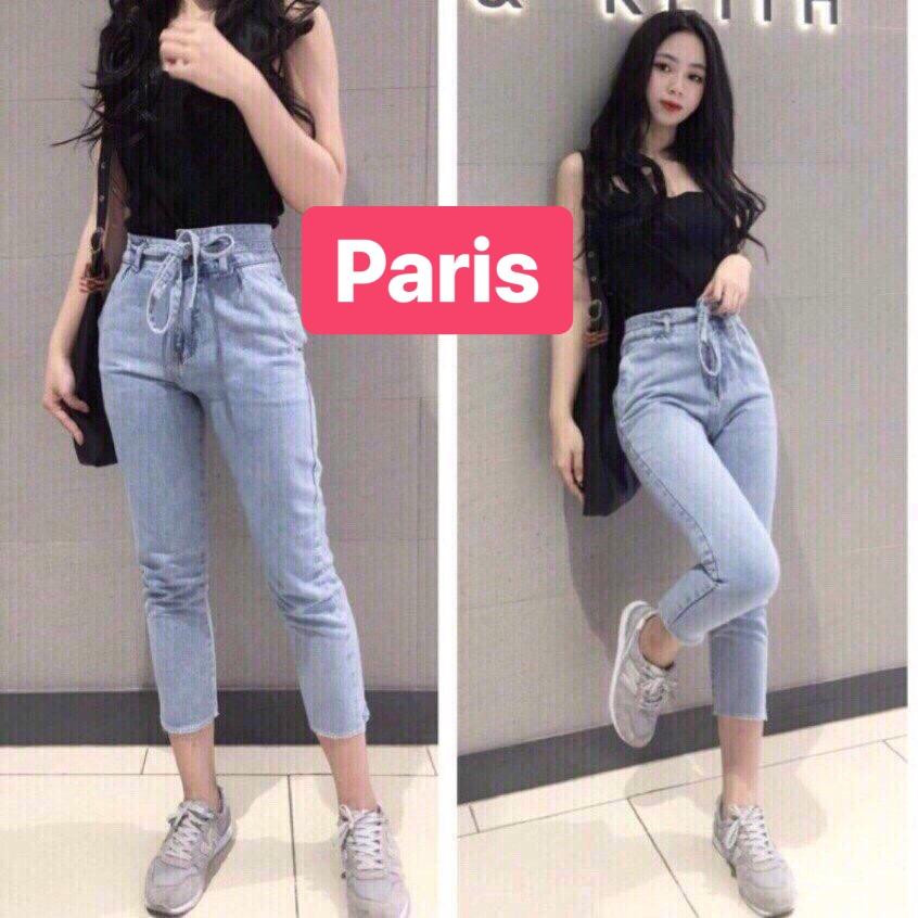QUẦN BAGGY JEAN NỮ XANH NHẠT THẮT NƠ NÂNG MÔNG SIÊU CO GIÃN PR-05 CAO CẤP - PARIS FASHION