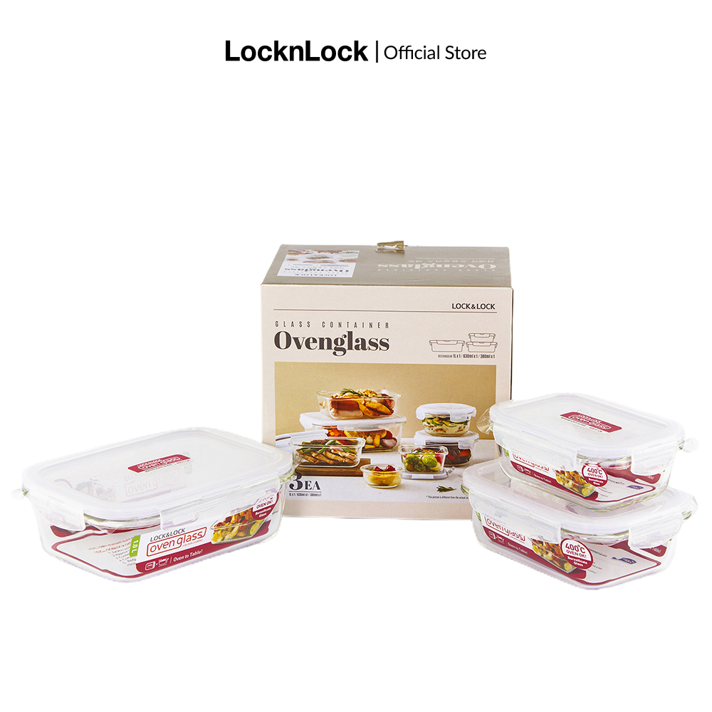 [Duy nhất 23.8 - Mua ngay] Bộ 3 hộp thủy tinh Lock&Lock Euro LLG422S03 - nắp 4 khóa kín hơi, thủy tinh chịu nhiệt dùng trong lò vi sóng