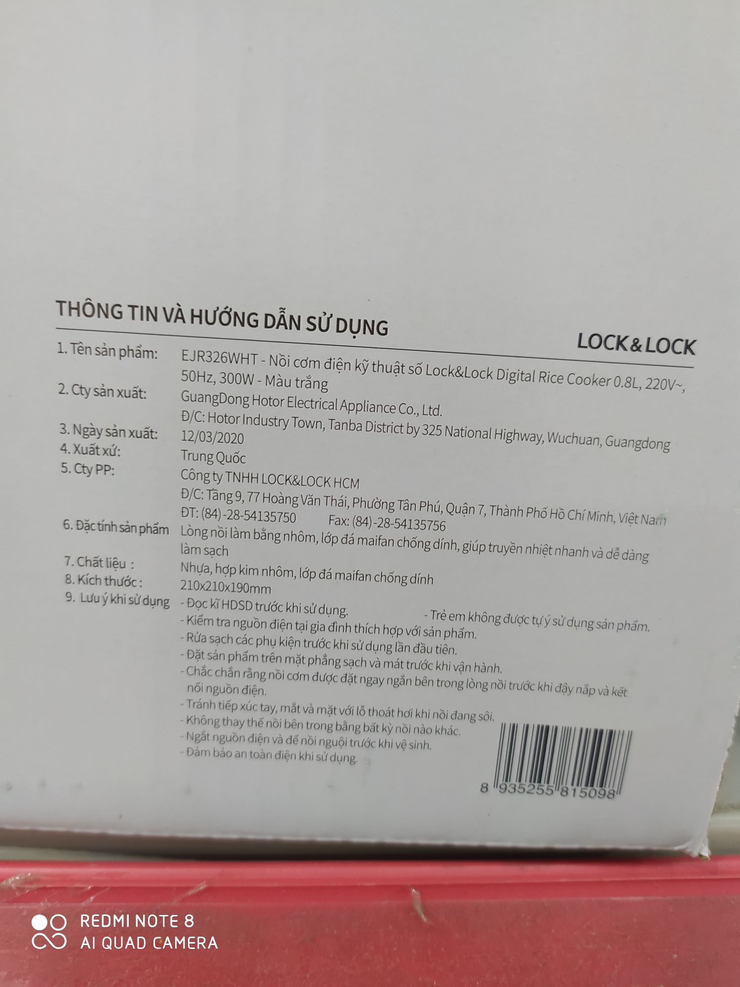 Nồi Cơm Điện Mini Dung Tích 0,8 Lít Lock&Lock EJR326WHT