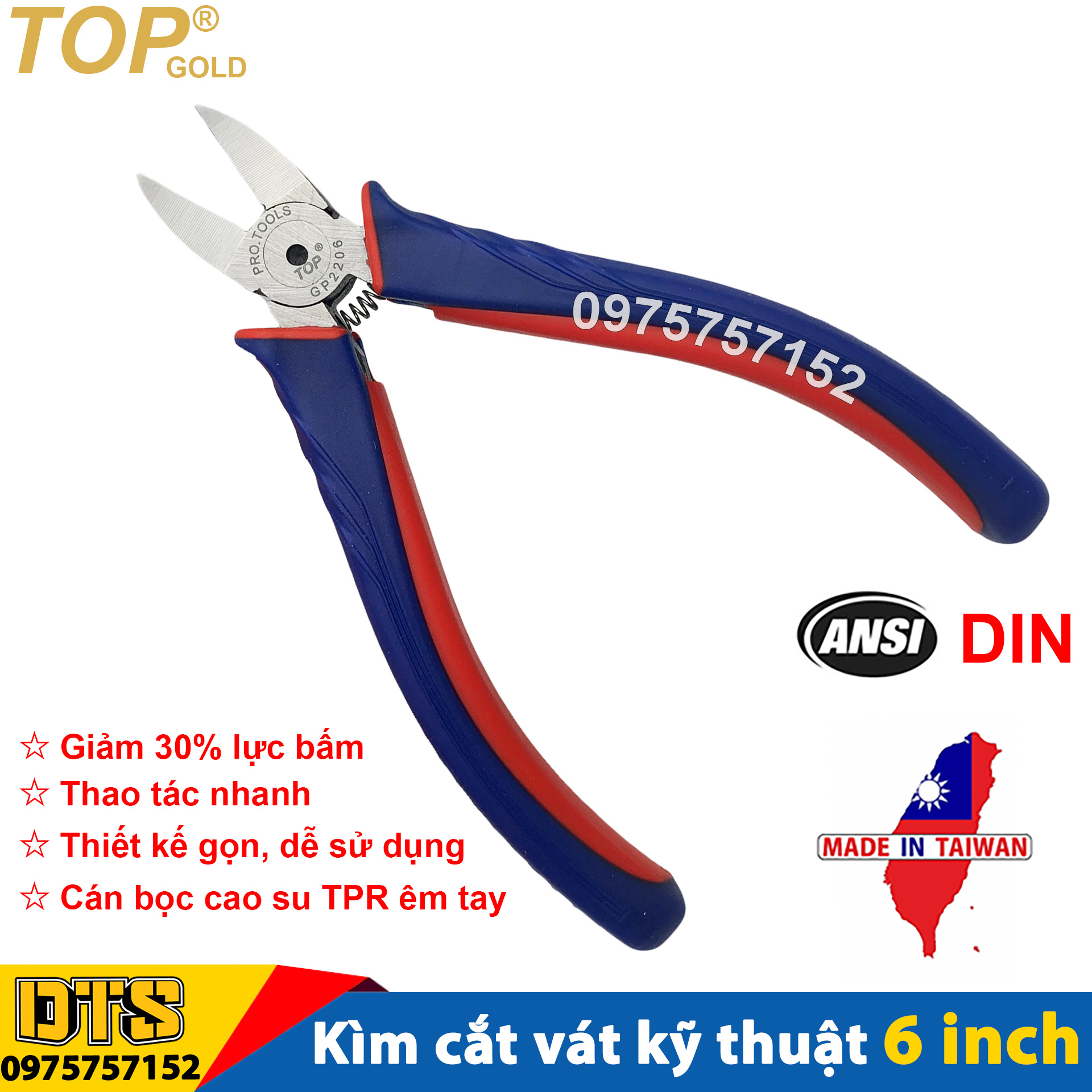Kìm cắt kỹ thuật trợ lực lưỡi bằng 6 inch TOP GOLD, thép Carbon cao cấp độ cứng cao, lò xo giữa tiết kiệm sức lực, kìm cắt bavia nhựa, kềm cắt dây điện, kìm cắt kim loại mỏng, kìm cắt trang sức siêu sắc bén, siêu bền