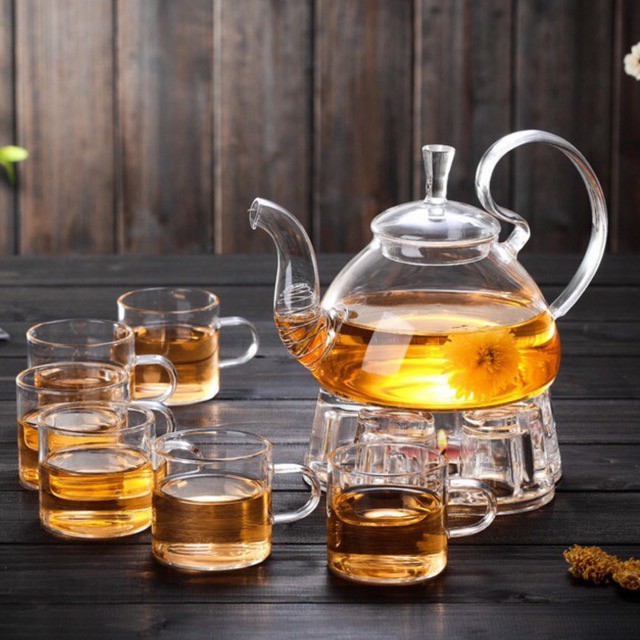 Bộ ấm chén thủy tinh kèm đế đun pha trà hoa