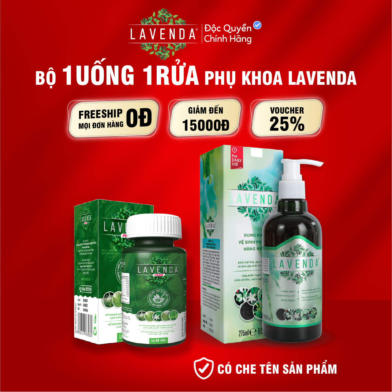 Combo 1 Rửa Lavenda (275ml/chai) và 1 Uống Lavenda Plus (60 viên/hộp)