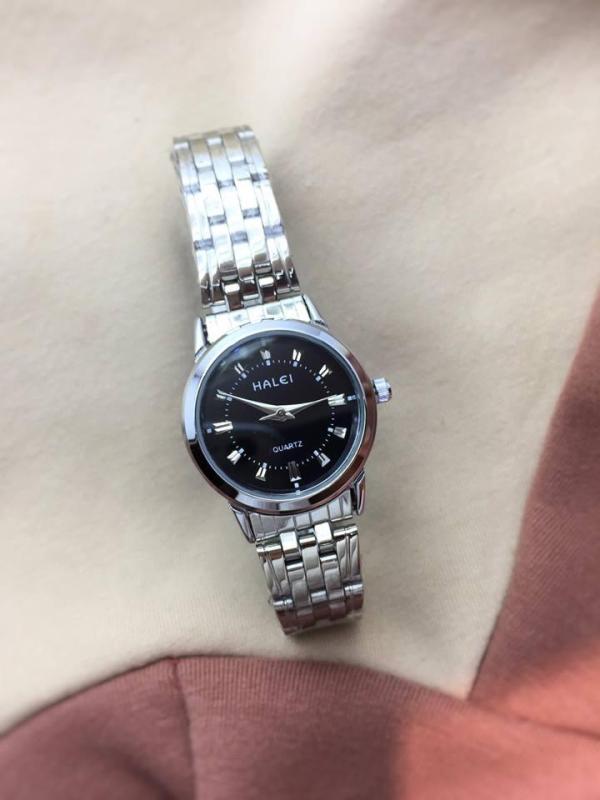 đồng hồ nữ halei dây bạc mặt đen HL3502