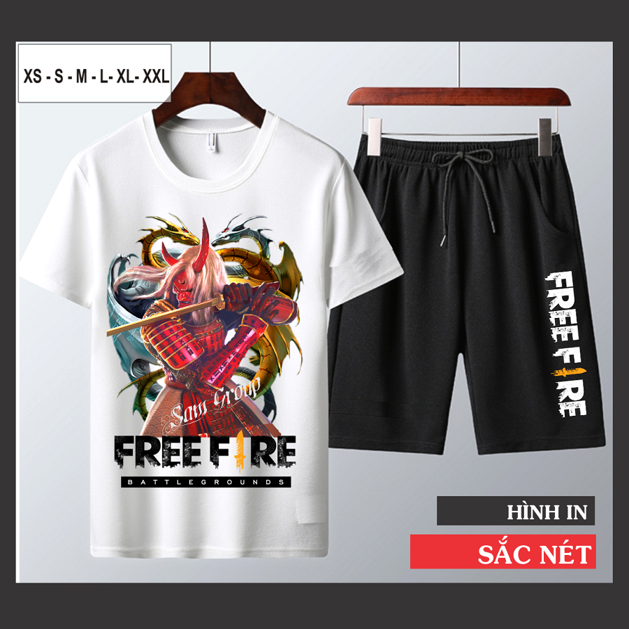 Bộ Quần Áo Nam Free Fire Hình In Quỷ Kiếm Sắc Nét Áo Trắng Quần Đen Logo Cực Chất