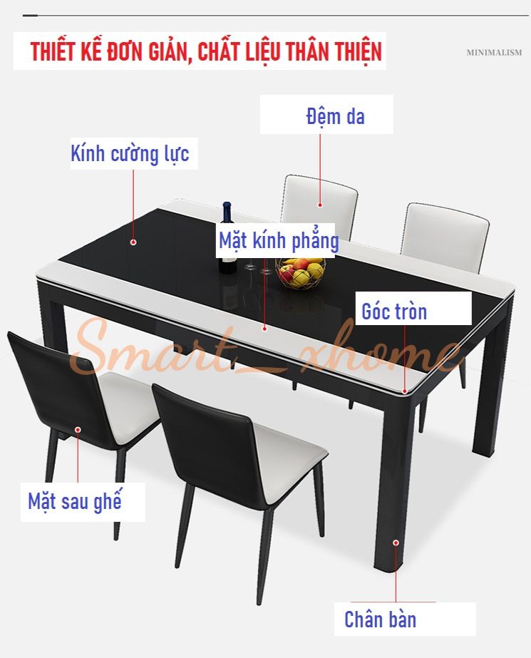 RE0687-RE0707 Bộ bàn ăn hiện đại 4-6 người tiết kiệm cho căn hộ nhỏ- hình chữ nhật mặt kính cường lực Smart_xhome
