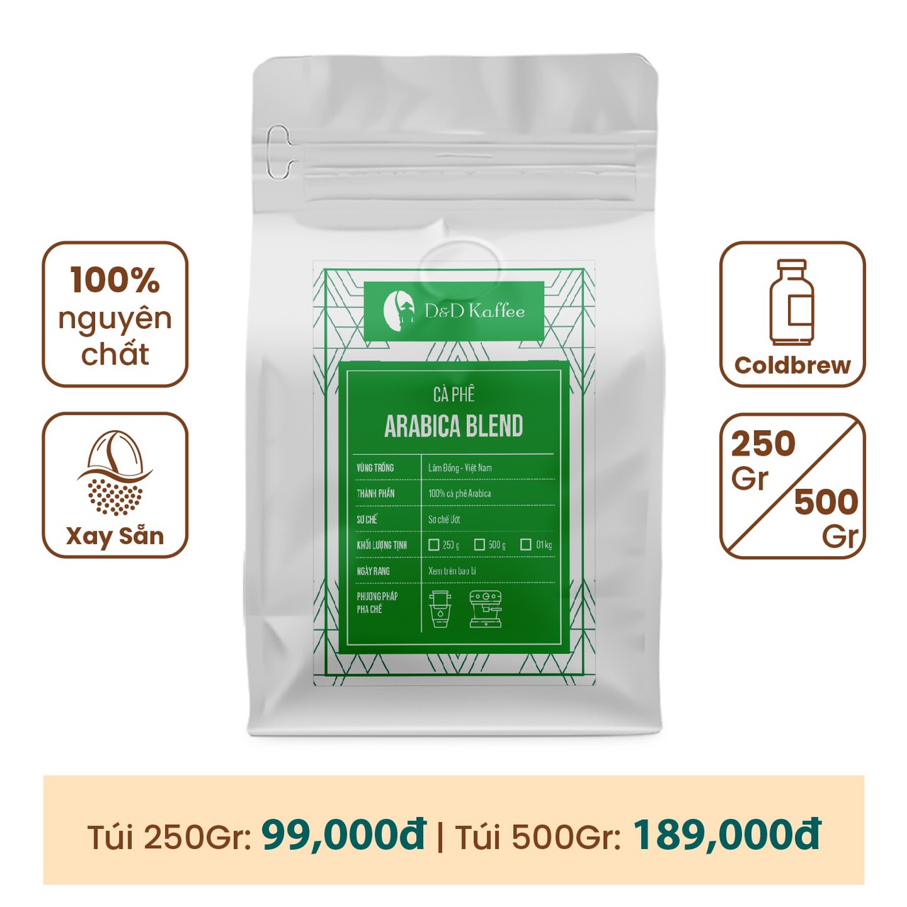 Cafe rang mộc xay sẵn pha phin D&D Kaffee Túi 500gr