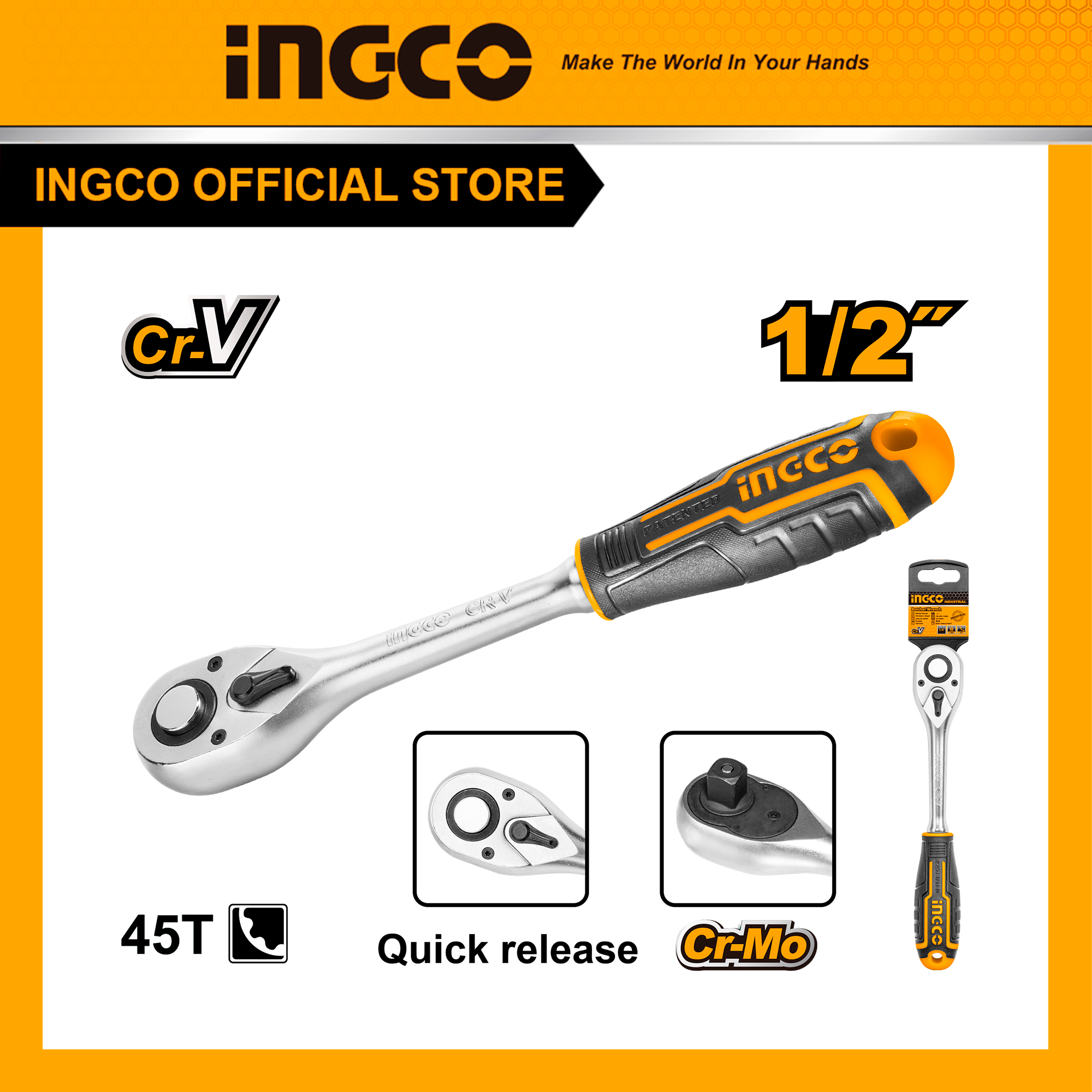 Cần siết 2 chiều ingco hrth0812 | size 1/2" 45t | chiều dài: 260mm | chất liệu cr-v+cr-mo- 20/t