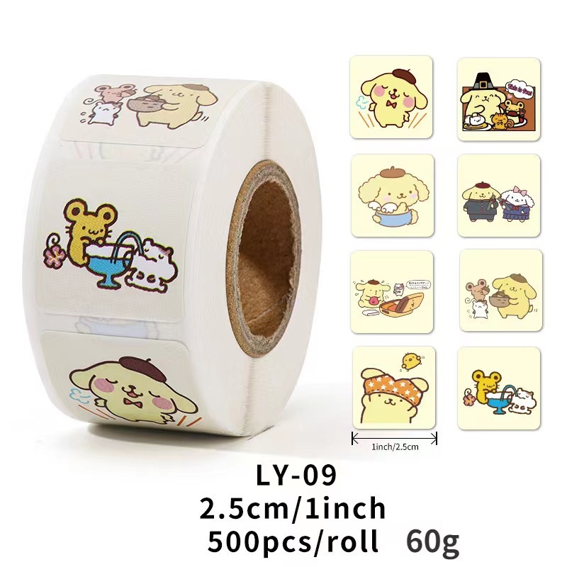 Cuộn 500 tem Sticker vuông Sanrio  dễ thương  - 2.5cm