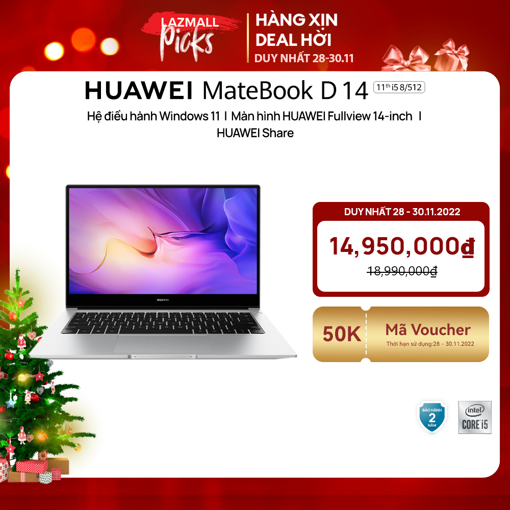 Máy Tính Xách Tay HUAWEI MateBook D 14 (8+256G/512G) | Chip Intel® Core™ Thế Hệ 11 | Màn Hình HUAWEI FullView