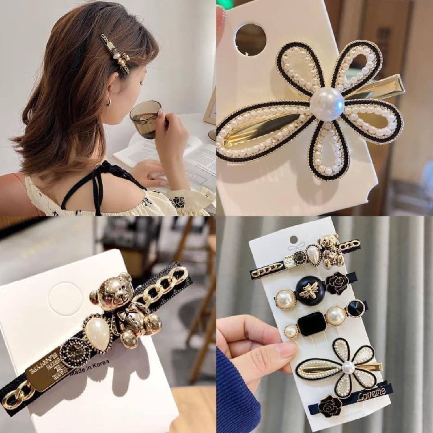 Set 5 kẹp tóc thời trang Hàn Quốc [ Set 5 kẹp tóc đính đá màu đen ] #KT005 - [ MÃ C706 - SET 5 KẸP ĐEN ]