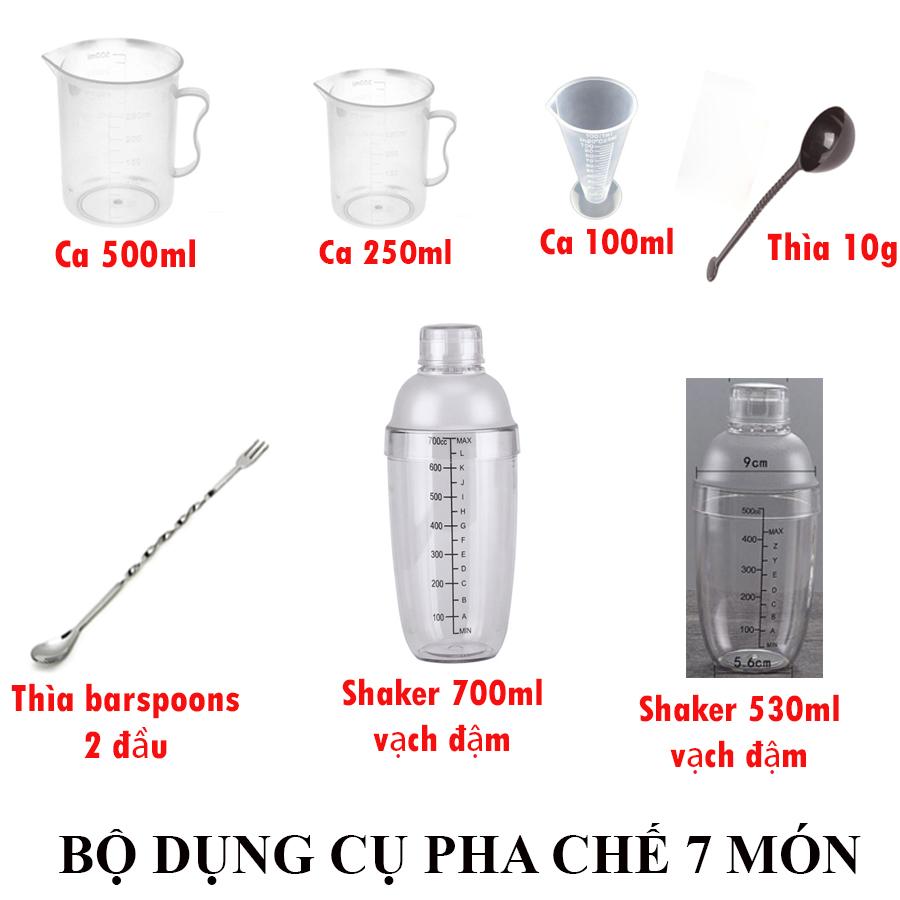 [HN]Combo bộ dụng cụ pha chế 7 món (ca 500-250-100ml thìa 10g thìa khuấy hai đầu shaker 700-530ml)