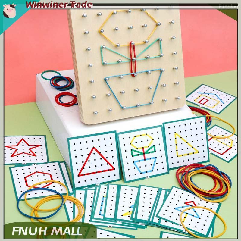 Montessori Coogam Wooden Toys Geoboard Mathematical Manipulative Block-30Pcs Pattern Cards Geo Board with Rubber Bands STEM Puzzle for Kids Early Learning