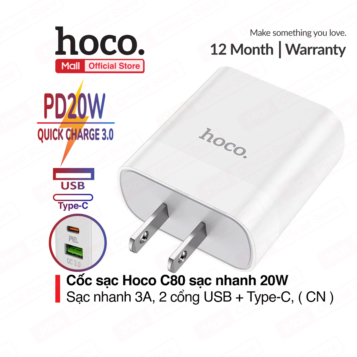 [HCM]Cốc sạc nhanh Hoco C80 2 cổng sạc USB và Type-C (PD) chuẩn PD3.0 hỗ trợ sạc nhanh 3A công suất 20W