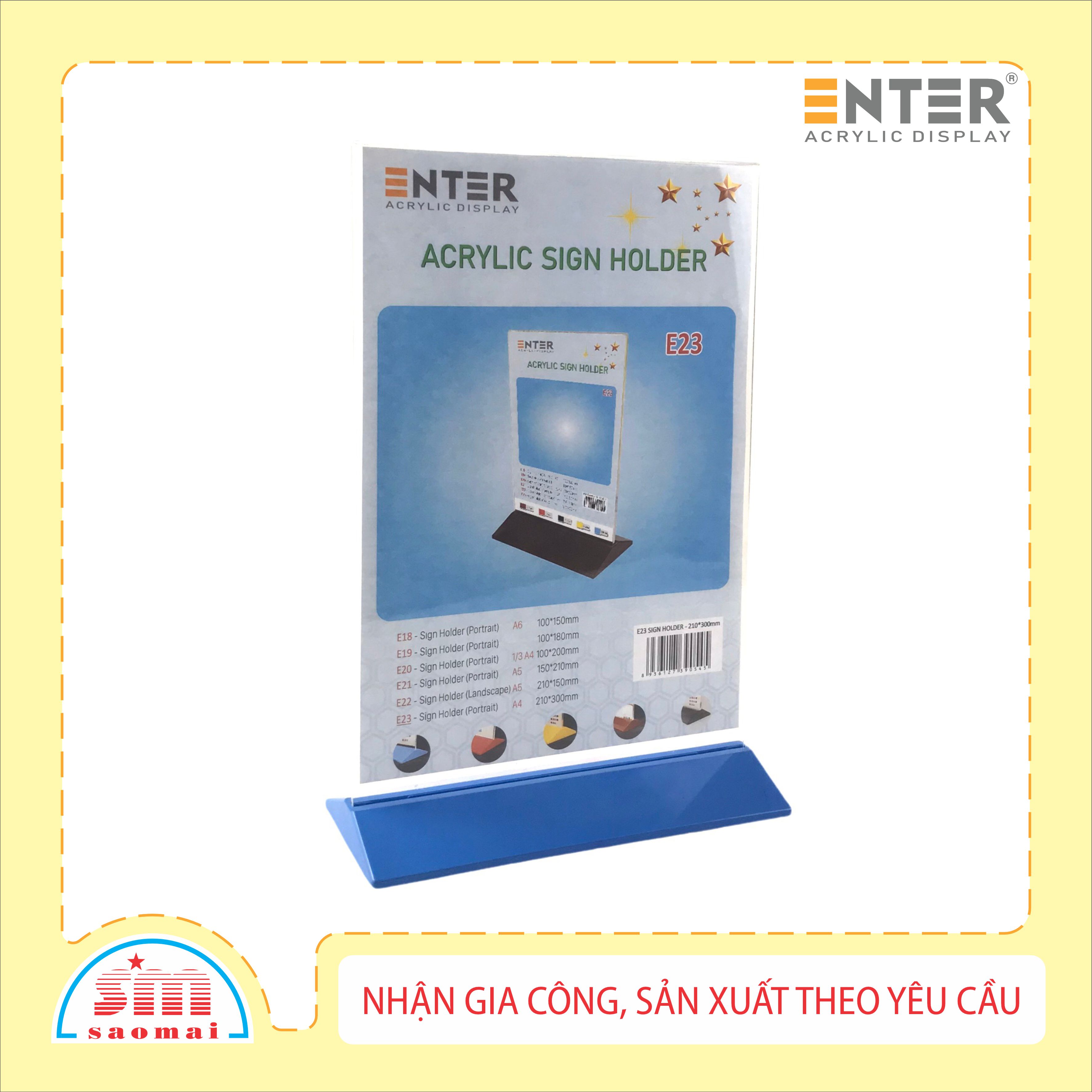 Kệ mica 2 mặt Enter E23 210x300mm đế màu A4 đứng, Kệ menu nhà hàng, Standee mica để bàn, Bảng quét mã QR Code