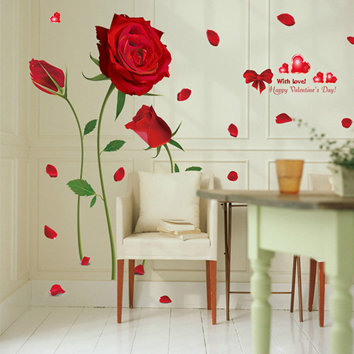 SIÊU RẺ Decal dán tường LUVINA trang trí phòng khách, phòng ngủ, phòng ăn-Hồng đỏ 3 bông