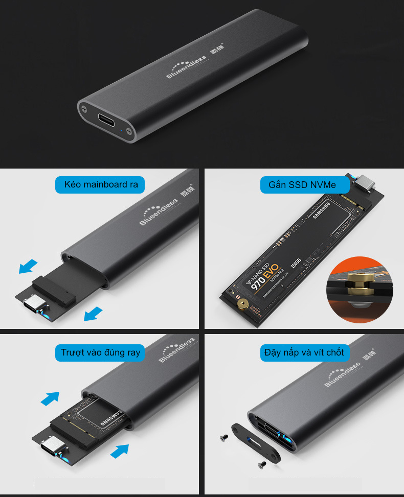 Box ổ cứng SSD NVMe M.2 chuẩn USB 3.2 gen 2 10Gbps tốc độ cao UASP - Blueendless (M.2 NVME 2280 SSD enclosure)