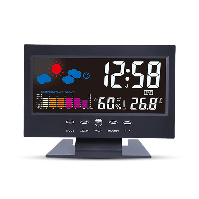 Perual Temperature and Humidity Color Screen Clock Large Screen Voice Control Weather Forecast Bell LCD Backlight 8082T Voice Control Weather Station Cloc