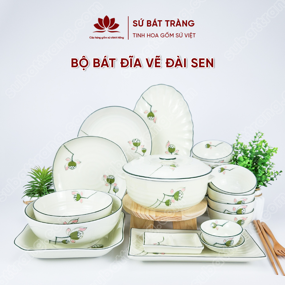 Bộ bát đĩa vẽ đài sen cao cấp Bát Tràng