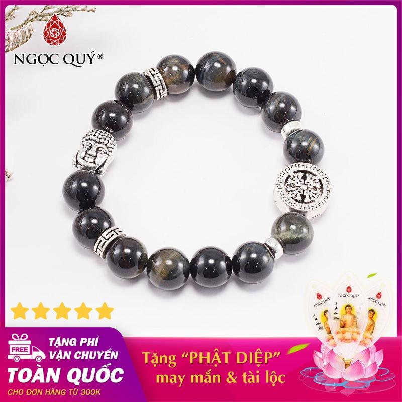 Vòng tay phong thủy đá mắt hổ xanh đen phối charm phật bạc 10mm mệnh thủy , mộc - Ngọc Quý Gemstones