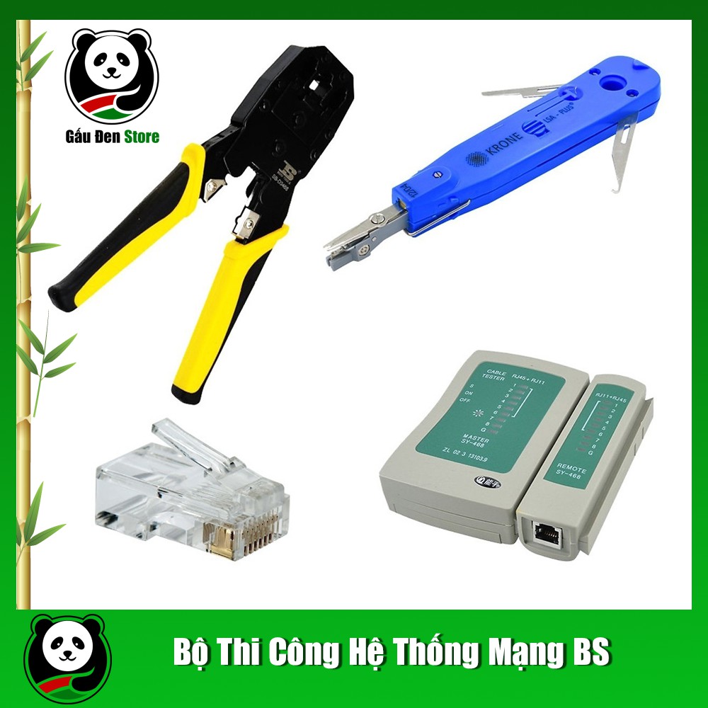 Bộ sản phẩm Kìm bấm mạng BS Tool nhấn mạng âm tường Hộp test dây mạng 100 Hạt mạng JR45