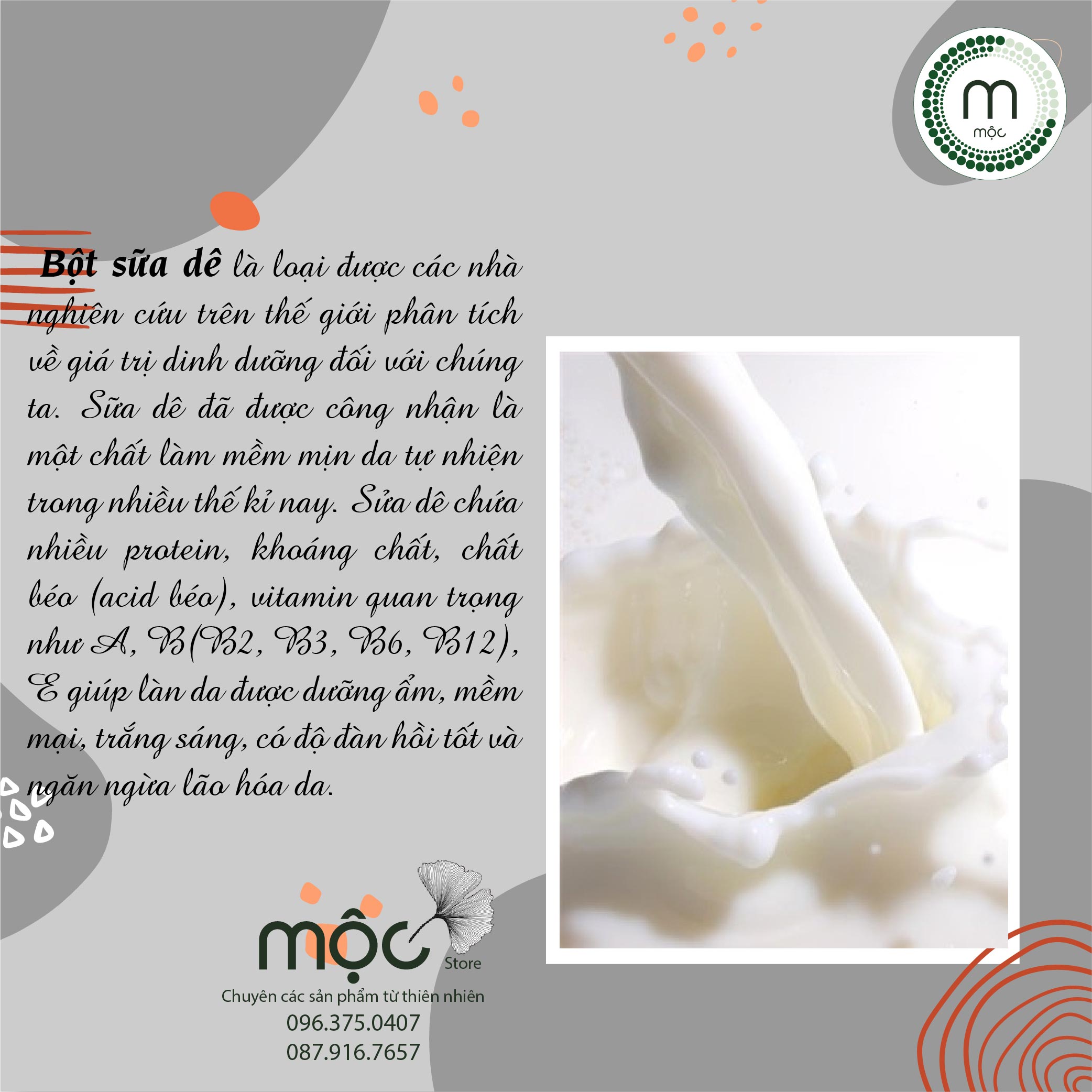 Bột sữa dê nguyên chất đắp mặt nạ MỘC - dưỡng ẩm, trắng da, giúp da mịn màng, chống lão hóa túi dùng thử 10g, chai 100ml và 200ml handmade