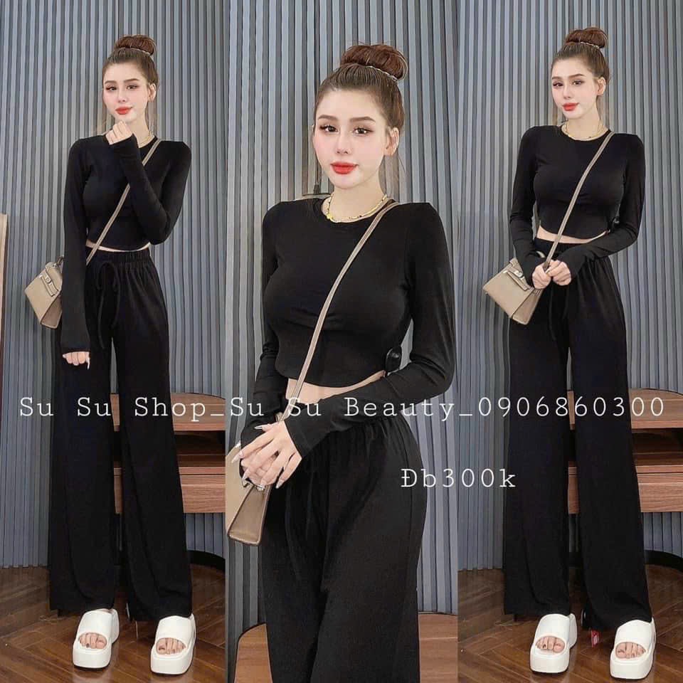 Set thun gân áo croptop dài tay phối quần dài ống rộng suông phong cách, Set bộ hottrend thun gân áo dài tay croptop mix quần dài dây rút rộng thoải mái, Set áo dài tay kiểu croptop mix quần dài ống rộng chất thun gân