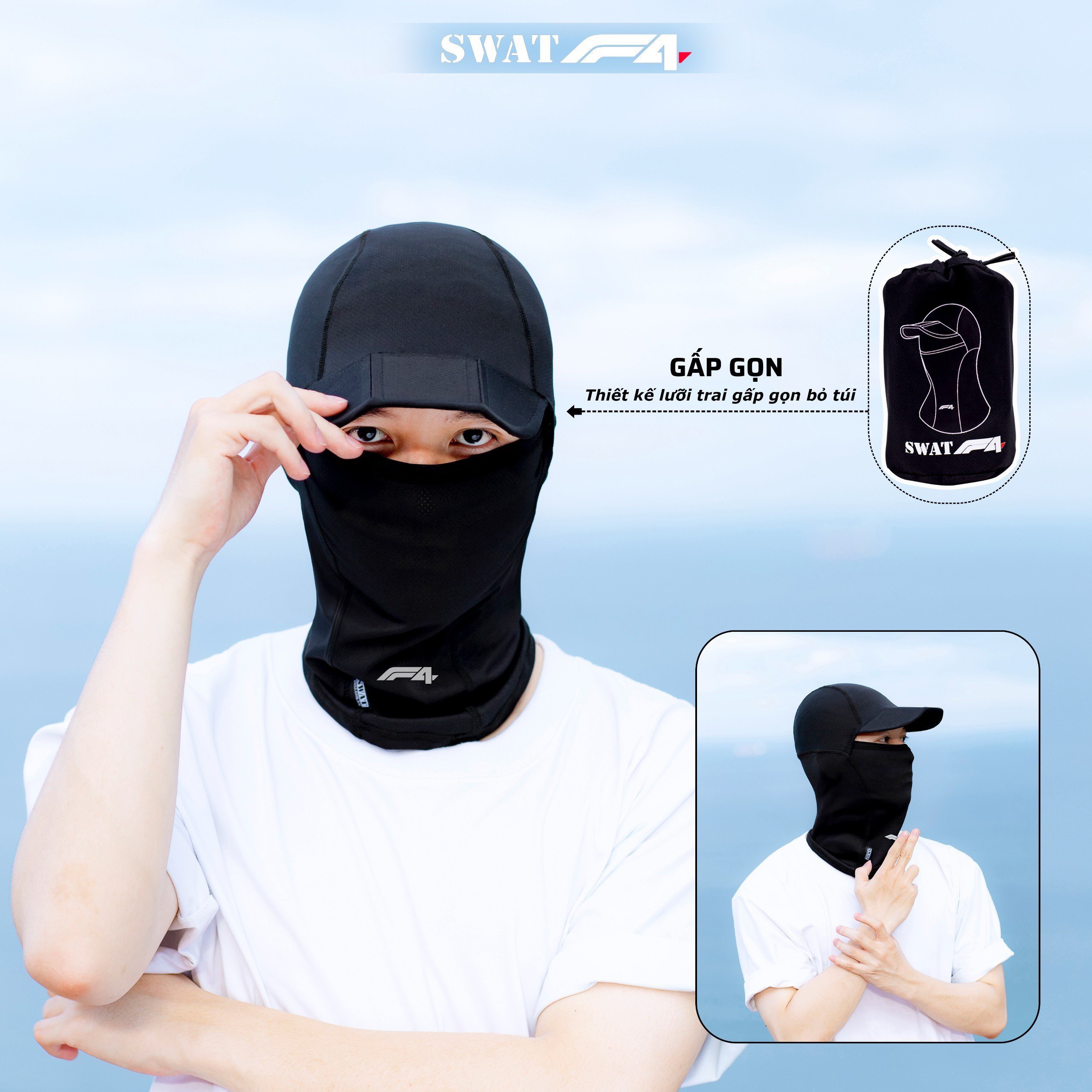 Mũ ninja trùm đầu chống nắng vành gập SWAT F4 full đen, mũ che nắng cực tốt