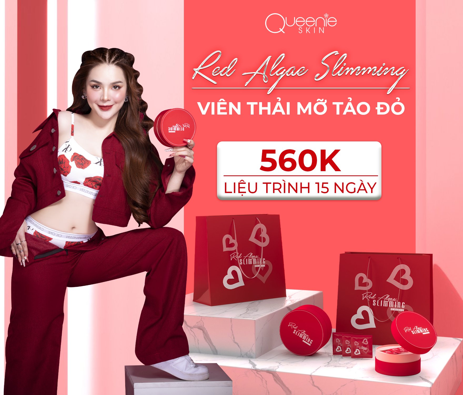 Viên uống giảm cân Tảo Đỏ QUEENIE, viên uống đào thải độc tố mỡ thừa giúp da săn chắc dáng đẹp 1 hộp 15 viên