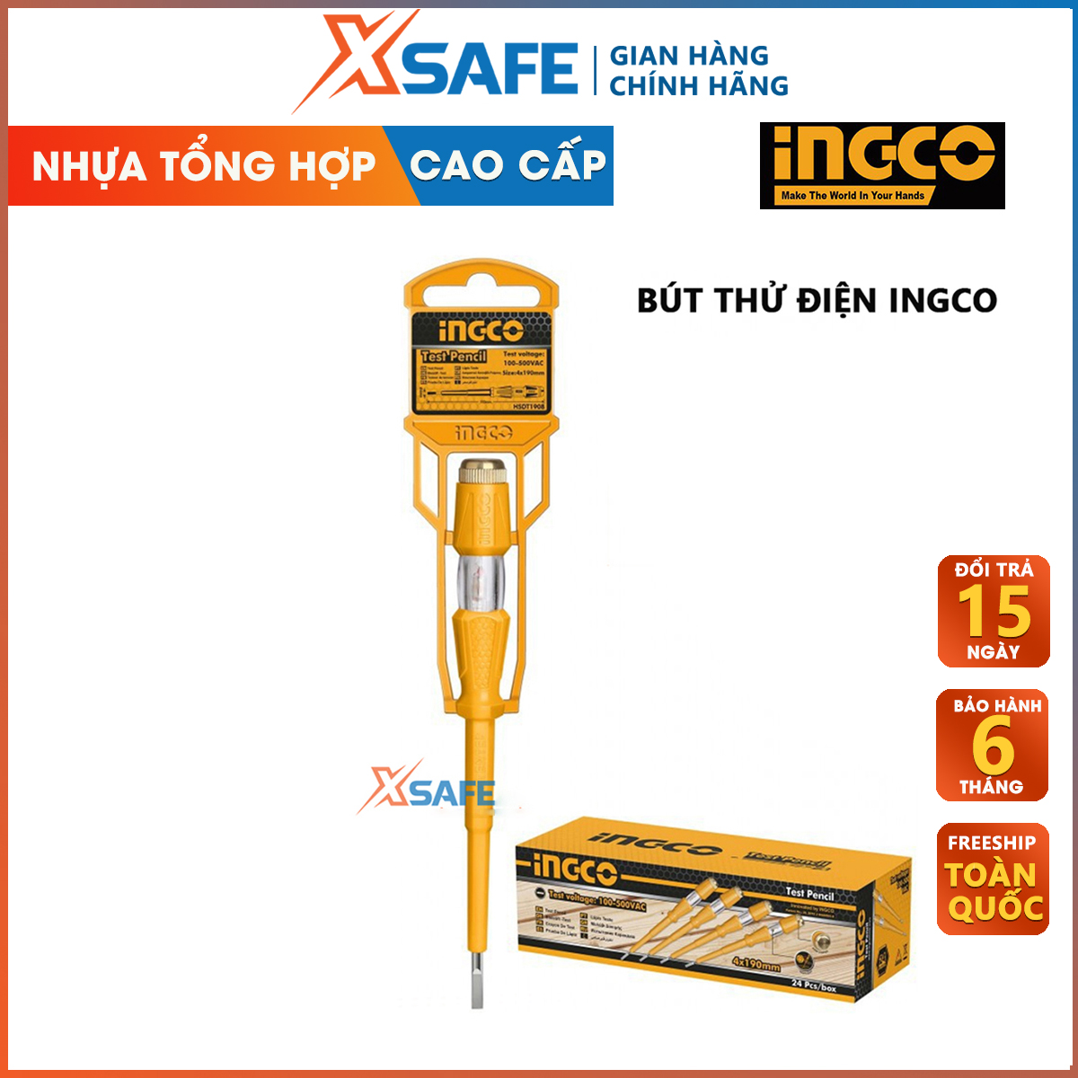 Electric test pen-pen electrical tester with lights ingco HSDT1408 100-500V styling neat, bearing capacity, heat resistance, good insulation, plastic super durable shock-product genuine xsafe