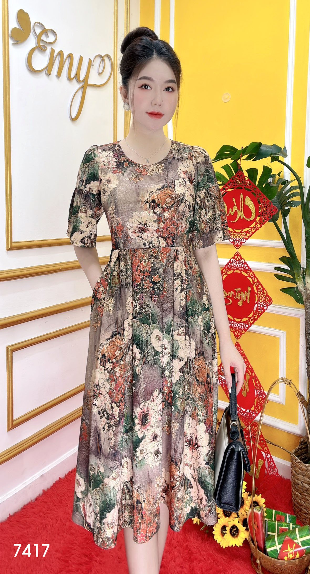 Đầm EMY EM7417 Xoè Lụa Vân Pháp LVP Tay Lỡ