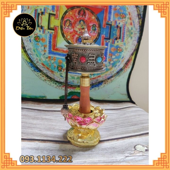 Kinh luân cầm tay có chứa câu chú Om Mani Padme Hum bánh xe kinh luân MS450 pháp khí đồ thờ cúng