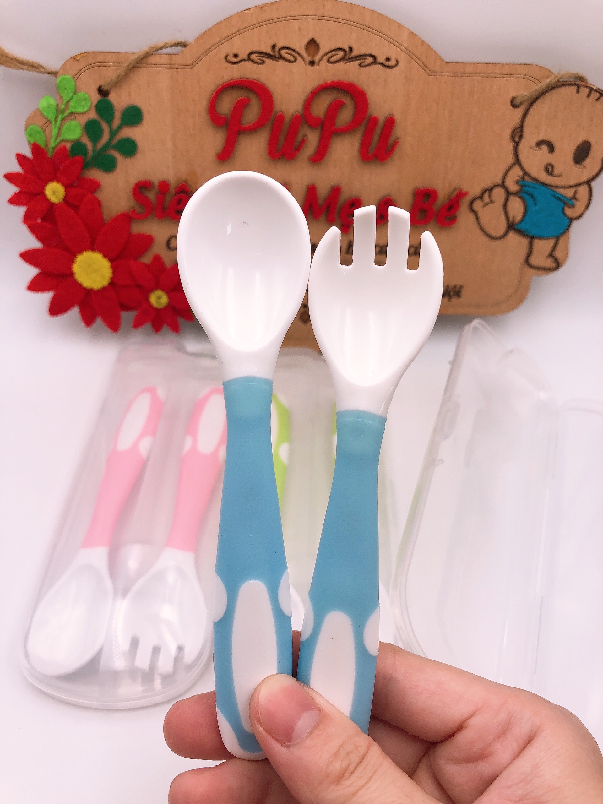 [HÀNG XUẤT] Bộ Thìa Dĩa Uốn Cong Tập Xúc Cho Bé