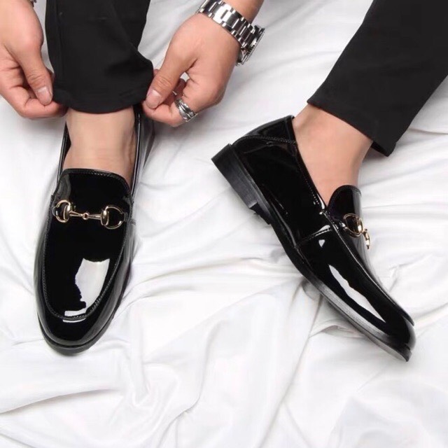 giày lười tây da bóng khóa ngang đế cao su đúc