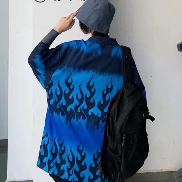 Áo sơ mi tay lỡ unisex màu đen LỬA XANH cực chất