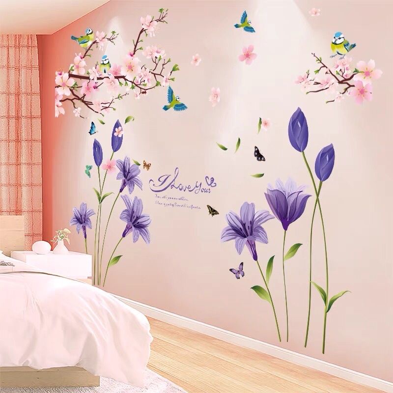 Decal dán tường hoa tulip và cành đào