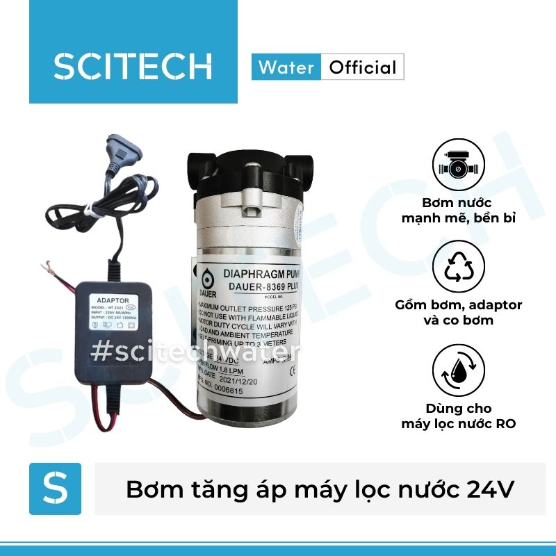 Bơm tăng áp máy lọc nước 24V (Tặng kèm co bơm) - Scitech Water