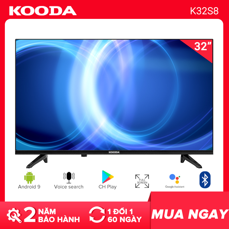 Tivi  Kooda 32inch HD hệ điều hành Android 9-TV viền mỏng - K32S8 - Remote Bluetooth tích hợp- Tivi giá rẻ chất lượng - Bảo hành 2 năm